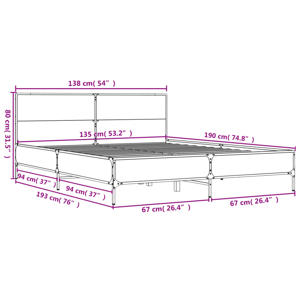 vidaXL Cadru de pat, stejar afumat 135x190 cm lemn prelucrat și metal