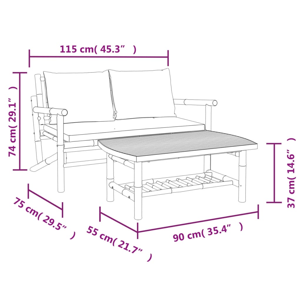 vidaXL Set mobilier de grădină cu perne alb crem, 2 piese, bambus