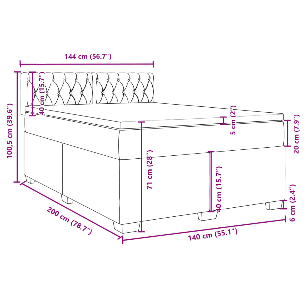 vidaXL Pat box spring cu saltea, roz închis, 140x200 cm, catifea