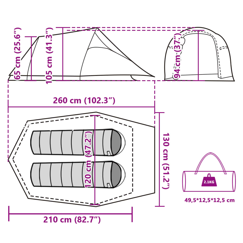 vidaXL Cort de camping pentru 2 persoane, verde, impermeabil