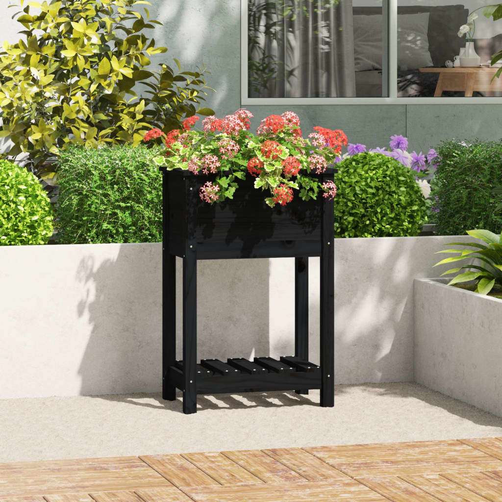 vidaXL Jardinieră cu raft, negru, 54x34,5x81 cm, lemn masiv de pin