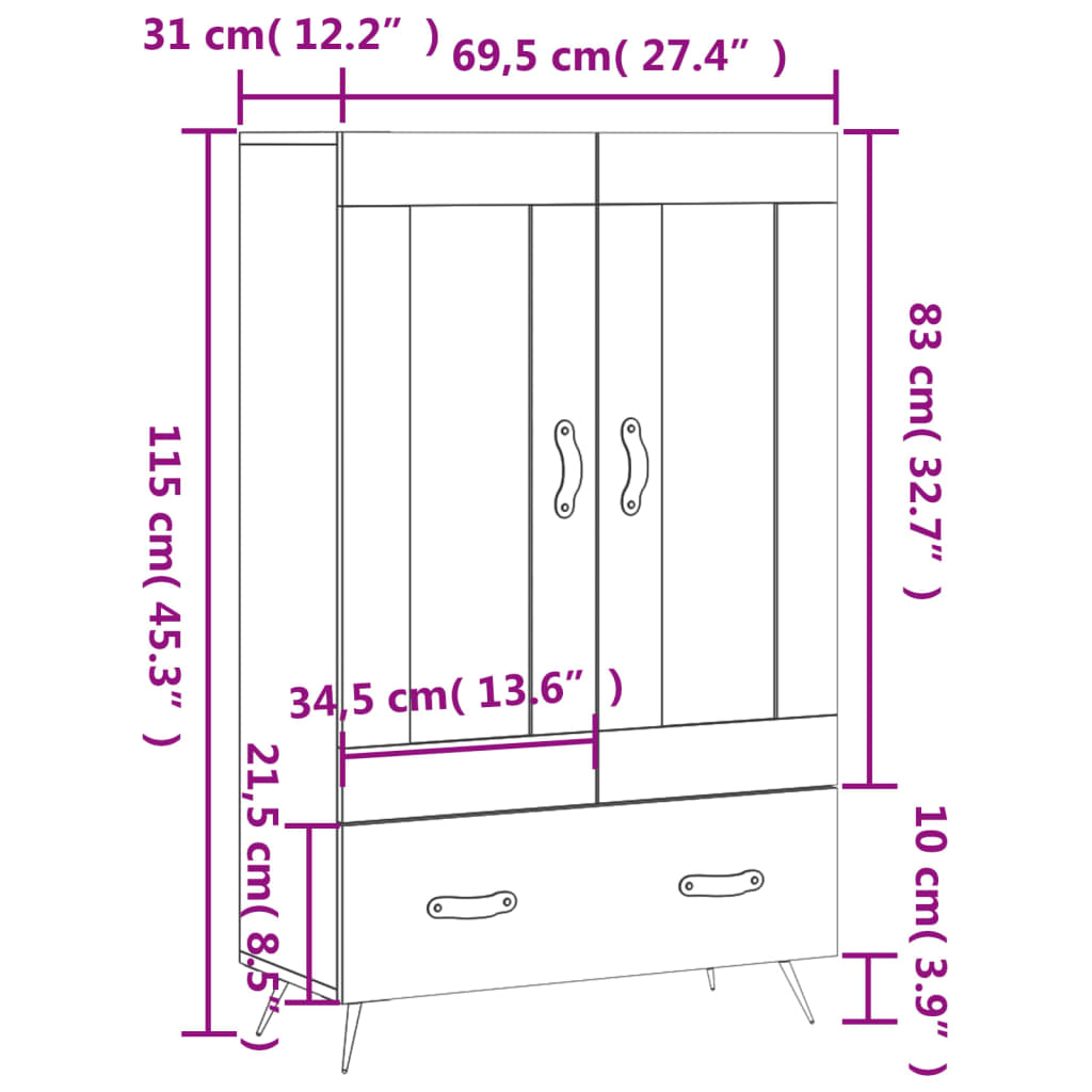 vidaXL Dulap înalt, negru, 69,5x31x115 cm, lemn prelucrat