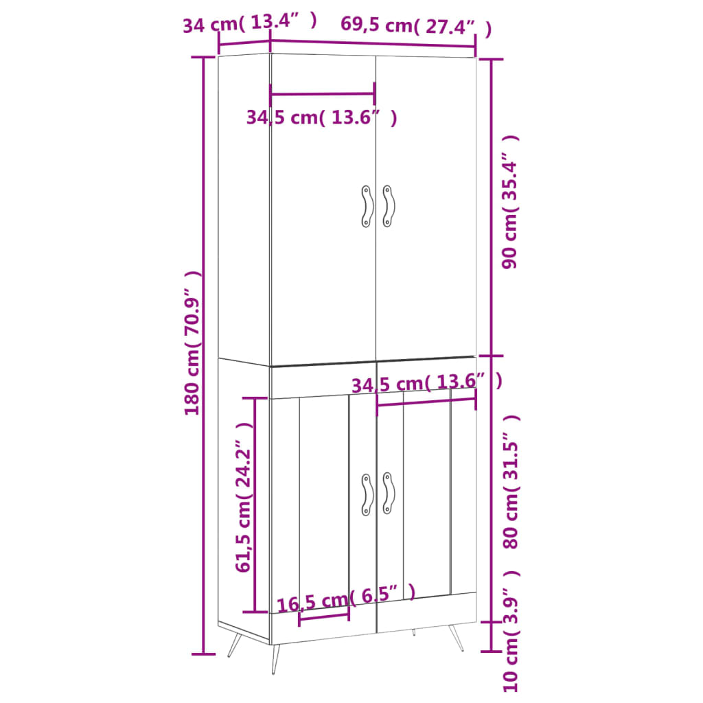 vidaXL Dulap înalt, negru, 69,5x34x180 cm, lemn compozit