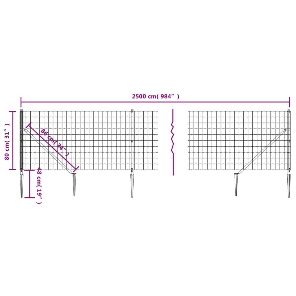 vidaXL Gard plasă de sârmă cu țăruși de fixare, antracit, 0,8x25 m