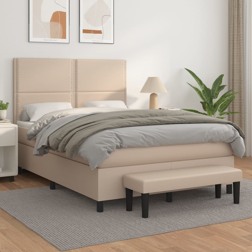 vidaXL Pat box spring cu saltea, cappuccino, 140x190cm piele ecologică