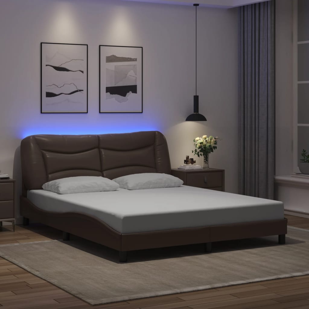 vidaXL Cadru de pat cu lumini LED, maro, 160x200 cm, piele ecologică