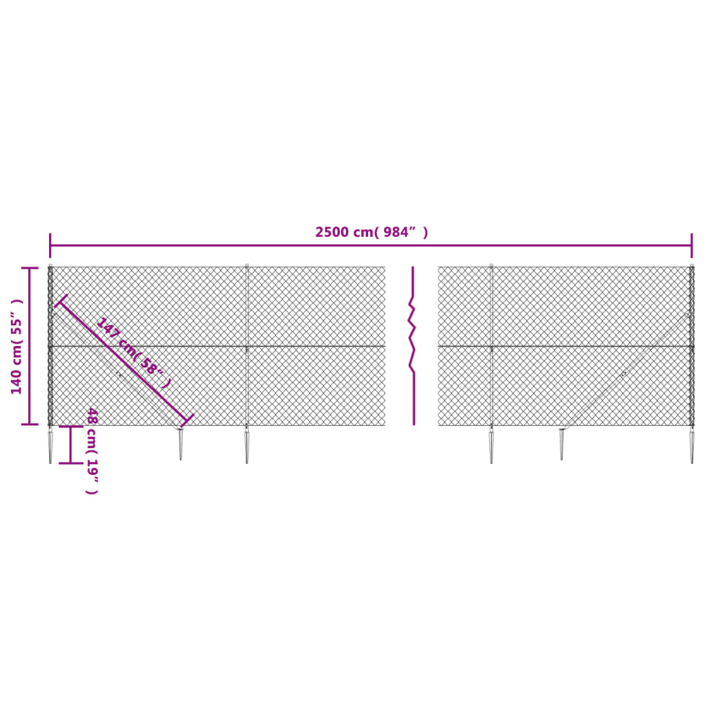 vidaXL Gard plasă de sârmă cu țăruși de fixare, argintiu, 1,4x25 m