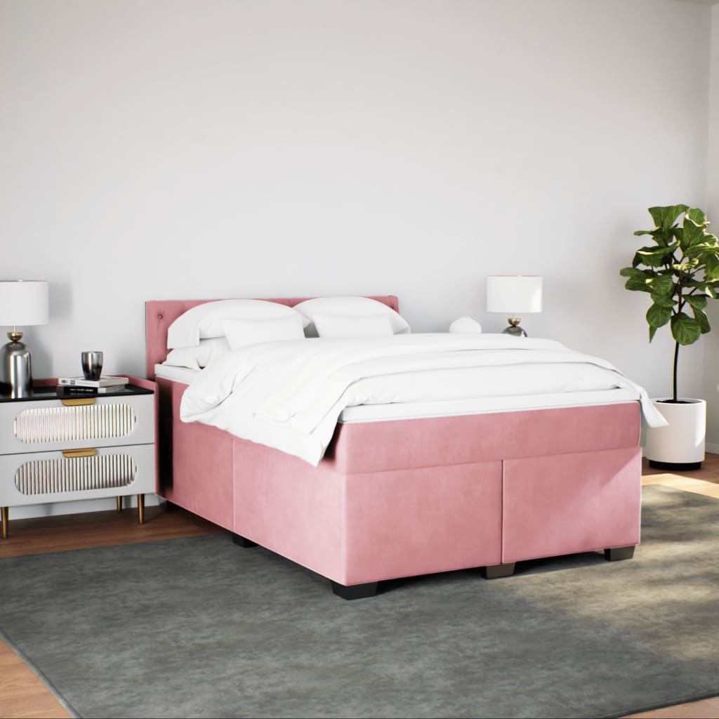 vidaXL Pat box spring cu saltea, roz închis, 140x200 cm, catifea