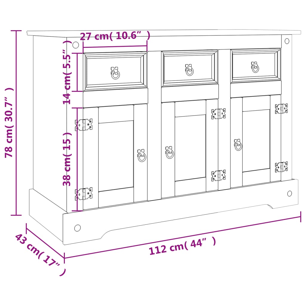 vidaXL Servantă Corona, gri, 112x43x78 cm, lemn masiv de pin mexican