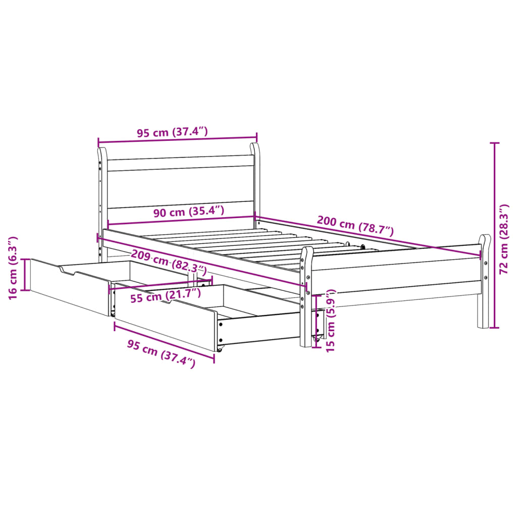 vidaXL Cadru de pat fără saltea, alb, 90x200 cm, lemn masiv pin