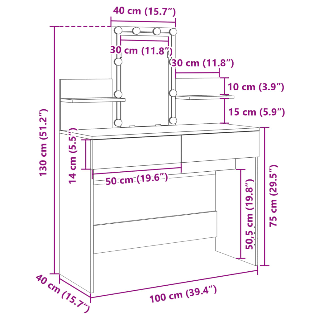 vidaXL Masă de toaletă cu LED, stejar afumat, 100x40x130 cm