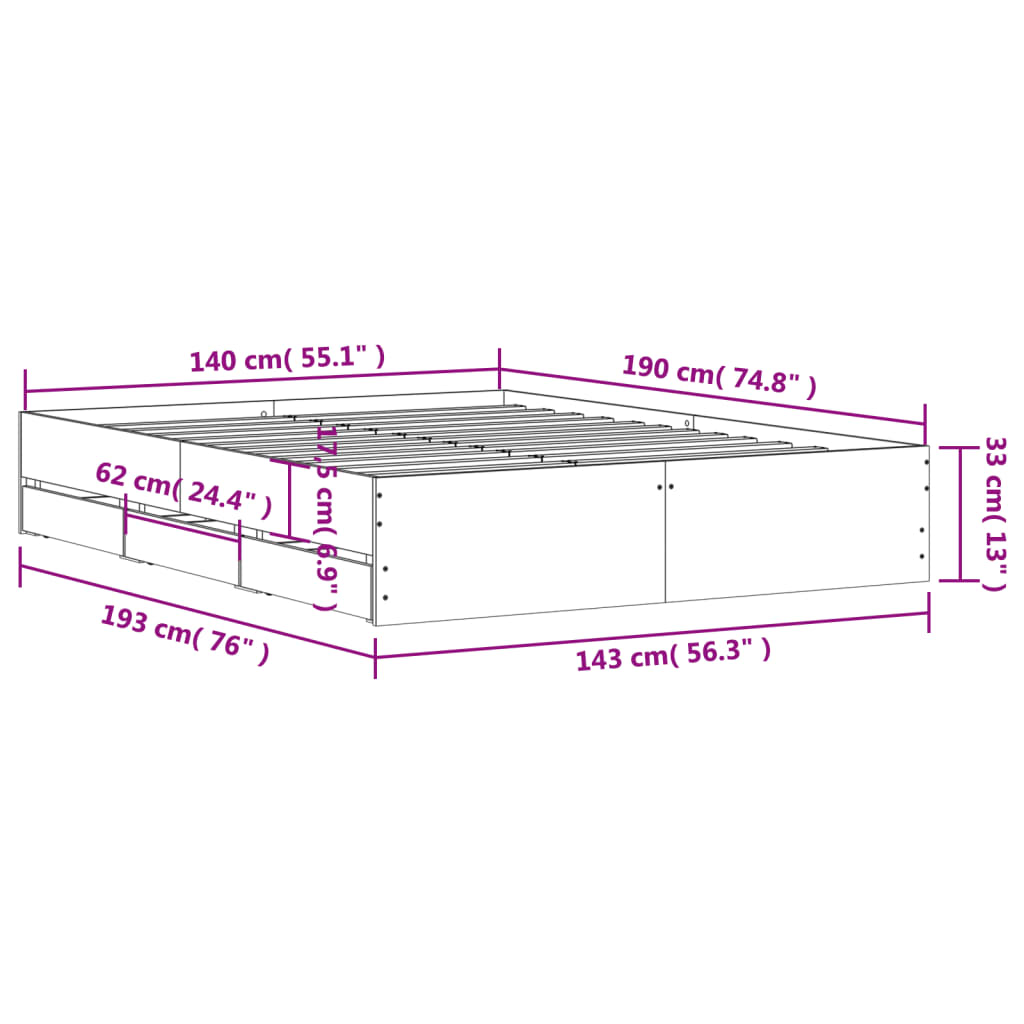 vidaXL Cadru de pat cu sertare gri sonoma 140x190 cm lemn prelucrat