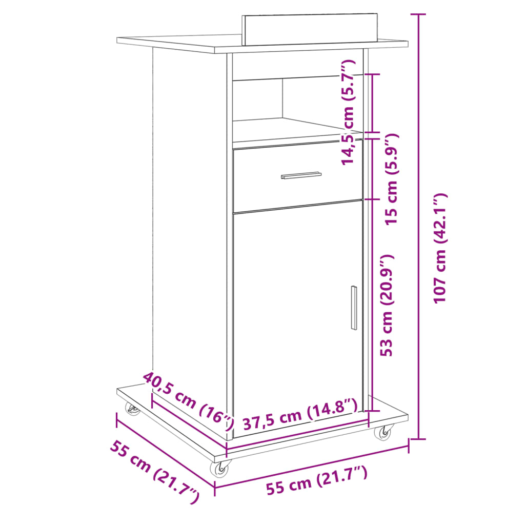 vidaXL Pupitru cu roți și sertar beton gri 55x55x107 cm lemn prelucrat