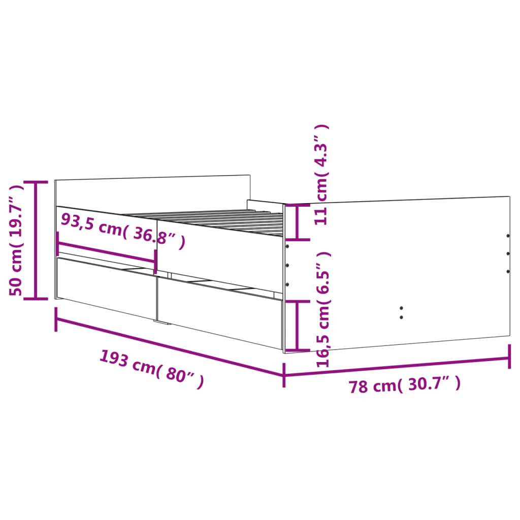 vidaXL Cadru pat cu sertare, alb, 75x190 cm, mic single