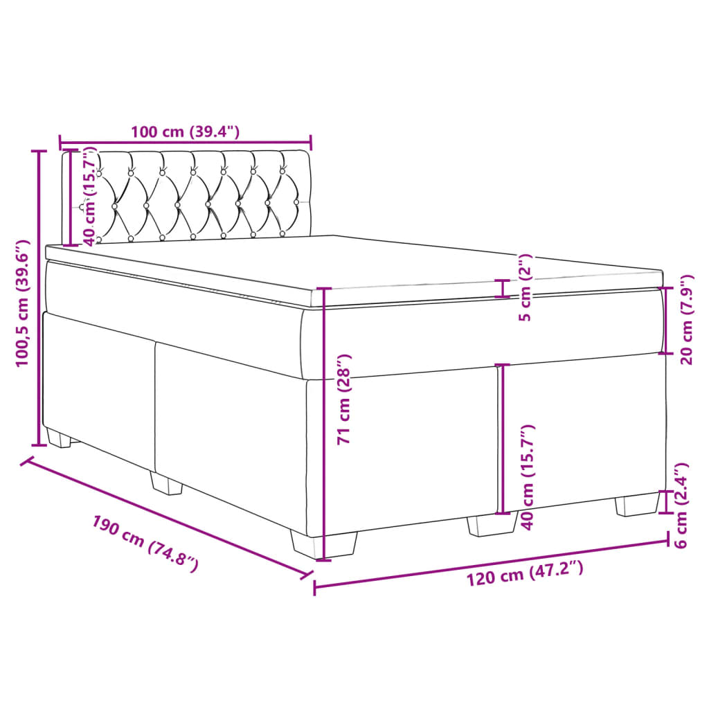 vidaXL Pat box spring cu saltea, albastru închis, 120x190 cm, catifea