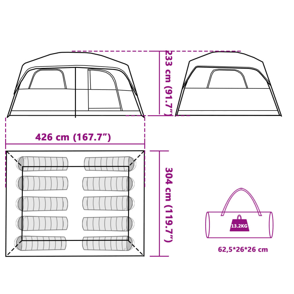 vidaXL Cort de camping pentru 10 persoane, gri/portocaliu, impermeabil