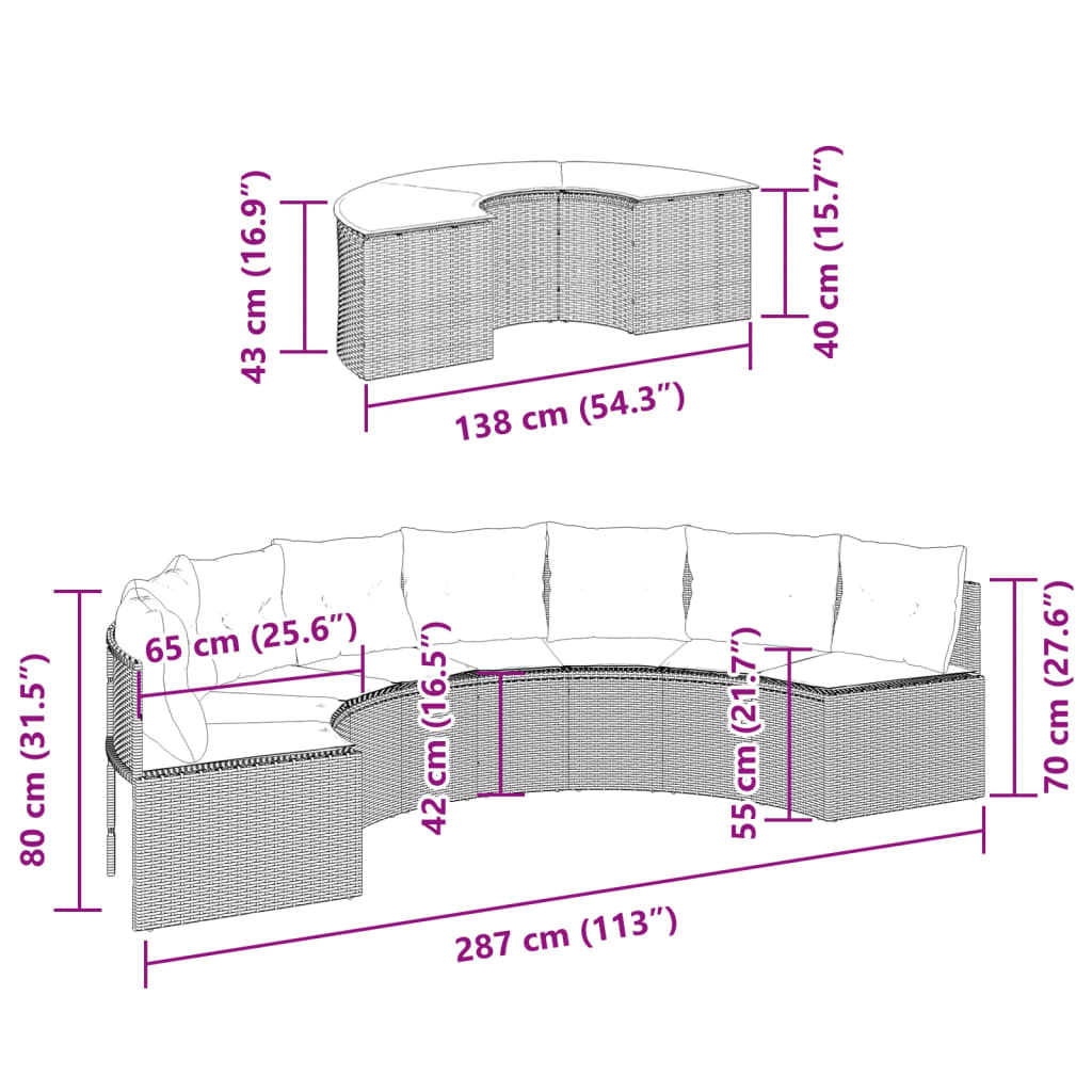 vidaXL Set canapea de grădină, 2 piese, semi-rotunde, bej, poliratan