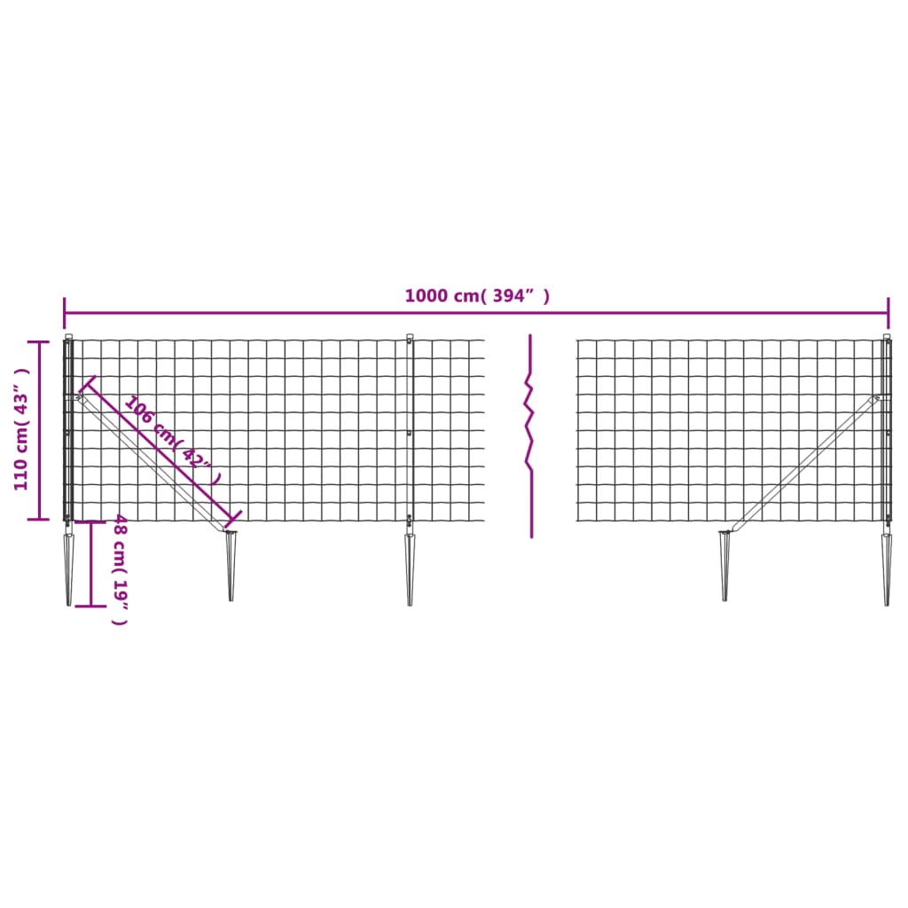 vidaXL Gard plasă de sârmă cu țăruși de fixare, antracit, 1,1x10 m