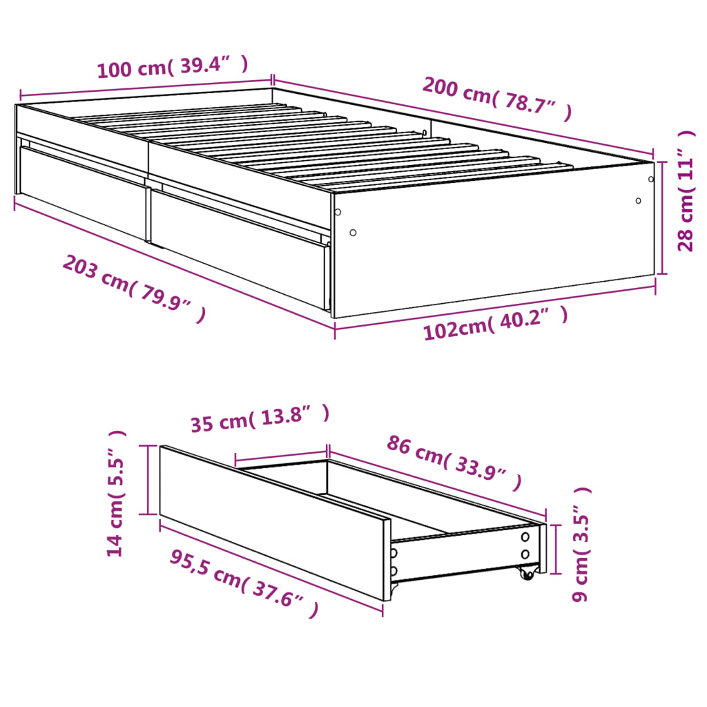 vidaXL Cadru pat cu sertare stejar fumuriu 100x200 cm lemn prelucrat