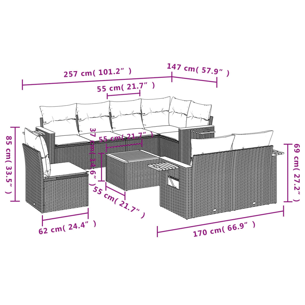 vidaXL Set mobilier de grădină cu perne, 9 piese, negru, poliratan