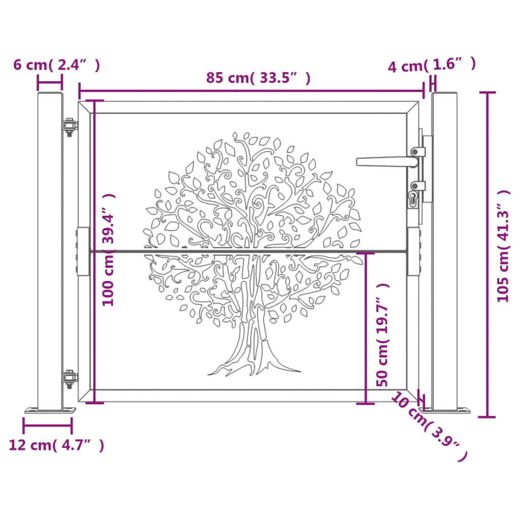 vidaXL Poartă pentru grădină, 105x105 cm, oțel corten, model copac