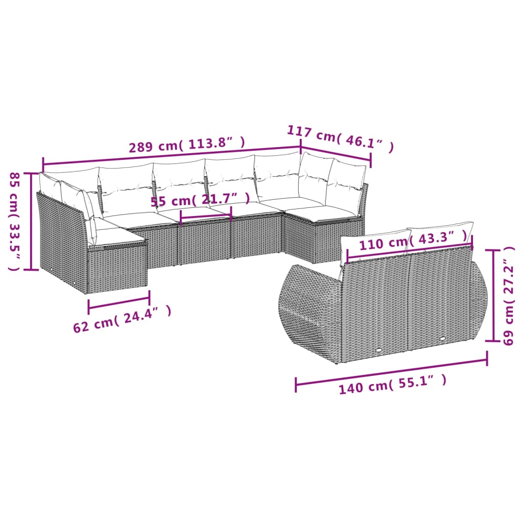 vidaXL Set mobilier de grădină cu perne, 9 piese, negru, poliratan