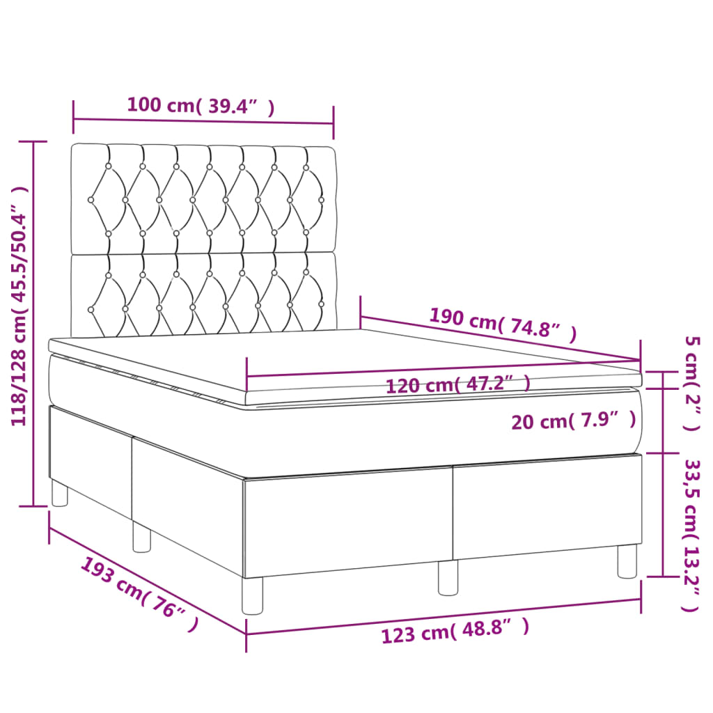 vidaXL Pat box spring cu saltea, gri închis, 120x190 cm, catifea