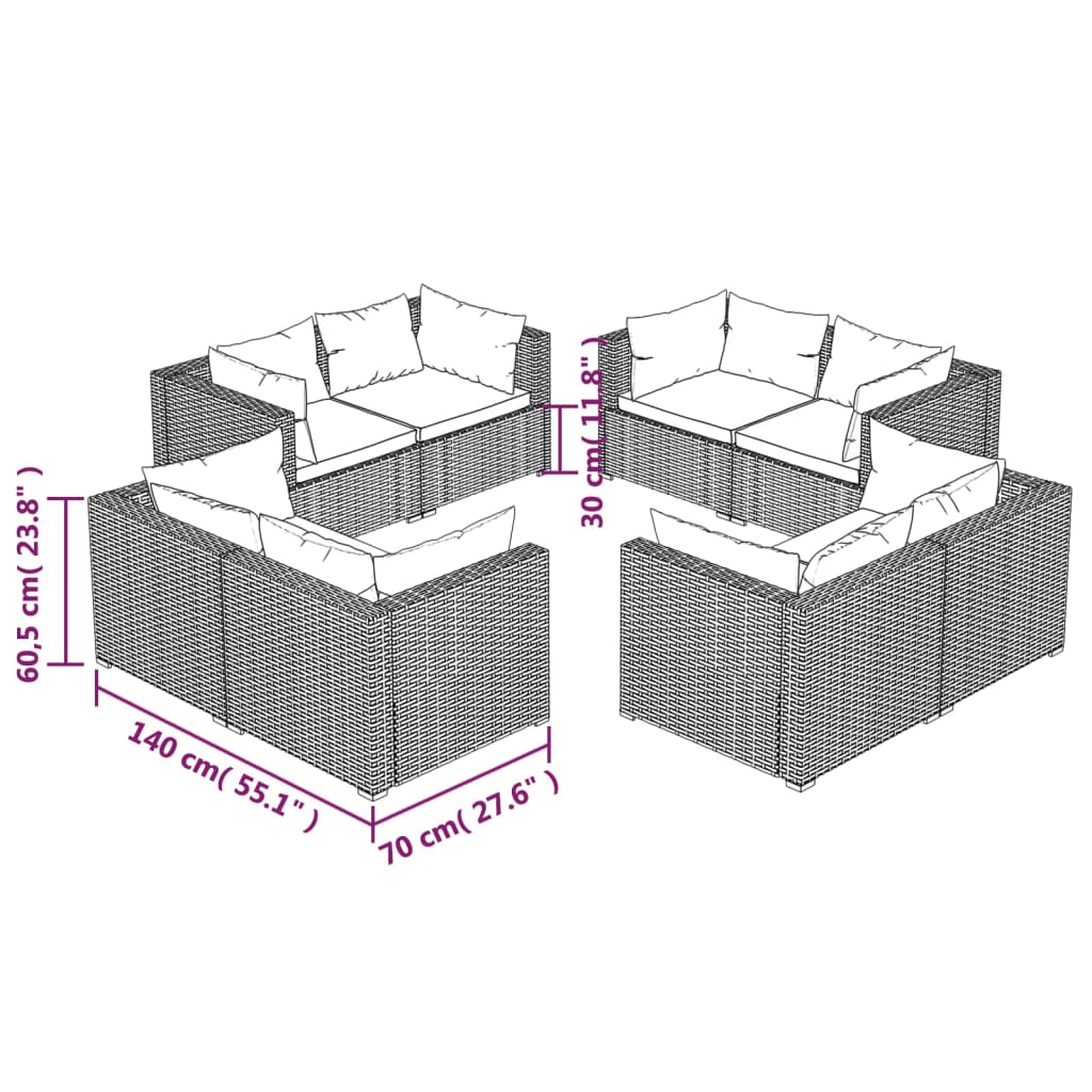 vidaXL Set mobilier de grădină cu perne, 8 piese, negru, poliratan