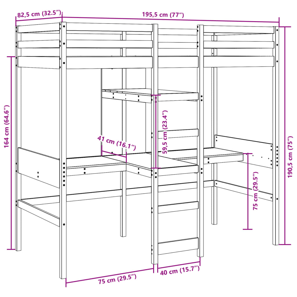 vidaXL Cadru de pat supraetajat fără saltea, 75x190 cm, lemn masiv pin