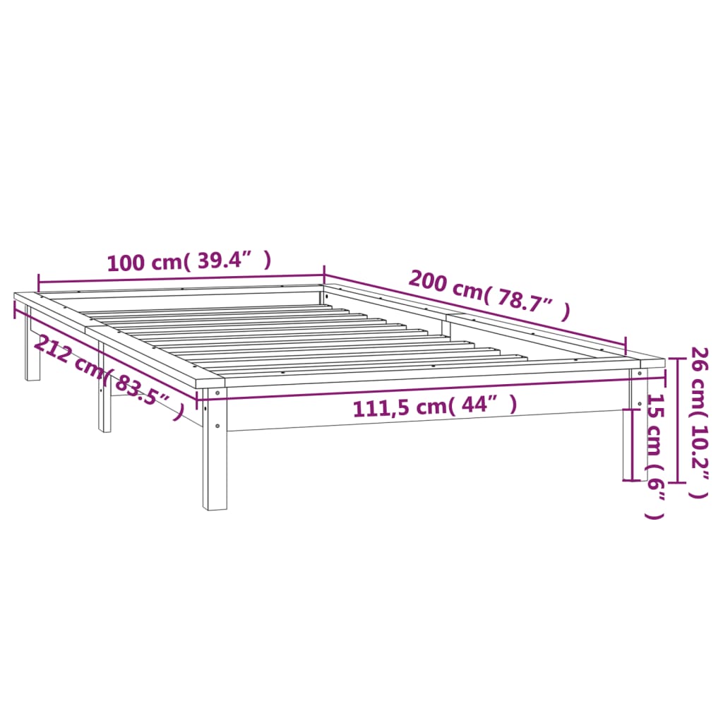 vidaXL Cadru de pat cu LED, gri, 100x200 cm, lemn masiv