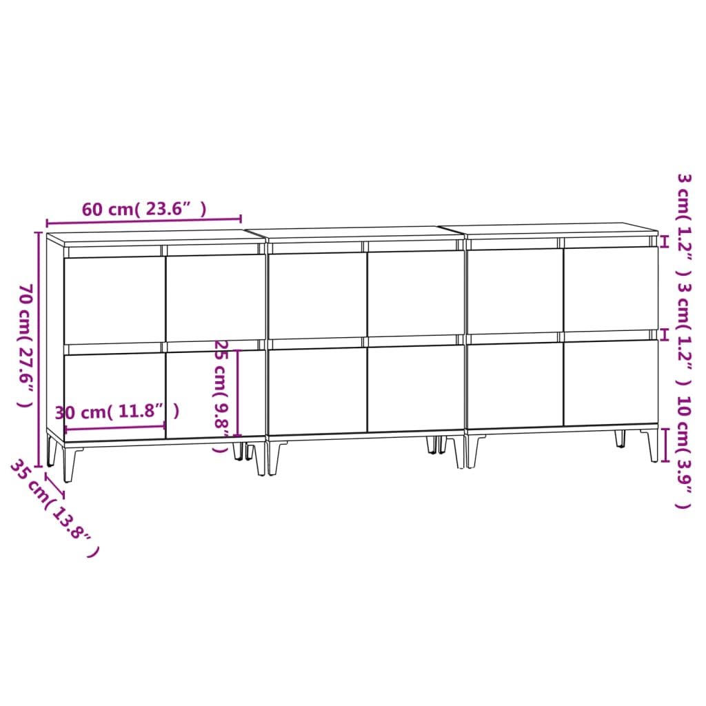 vidaXL Dulapuri, 3 buc, sonoma gri, 60x35x70 cm, lemn prelucrat