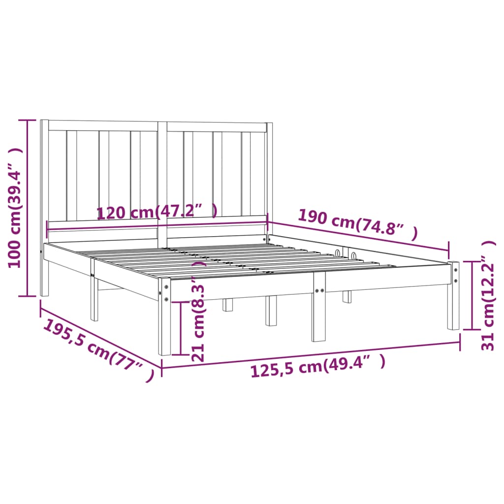 vidaXL Cadru de pat mic dublu, alb, 120x190 cm, lemn masiv de pin