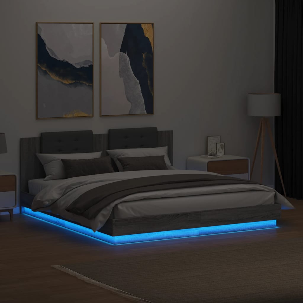 vidaXL Cadru de pat cu tăblie și lumini LED, gri sonoma, 160x200 cm
