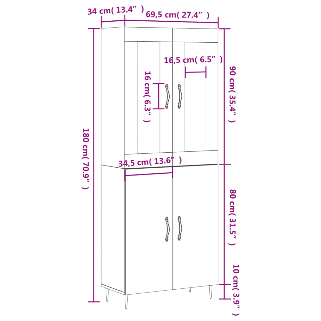 vidaXL Dulap înalt, gri sonoma, 69,5x34x180 cm, lemn compozit