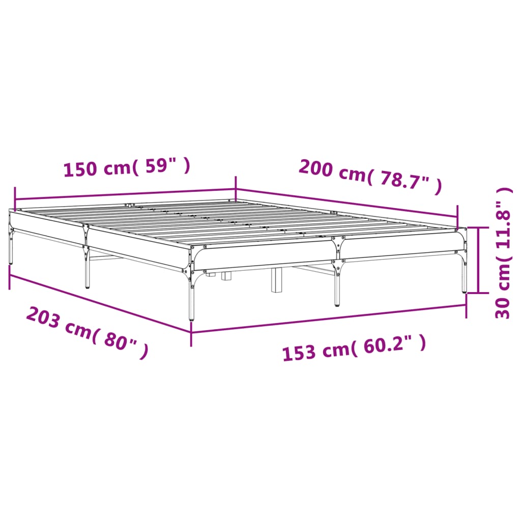 vidaXL Cadru de pat, gri sonoma, 150x200 cm, lemn prelucrat și metal