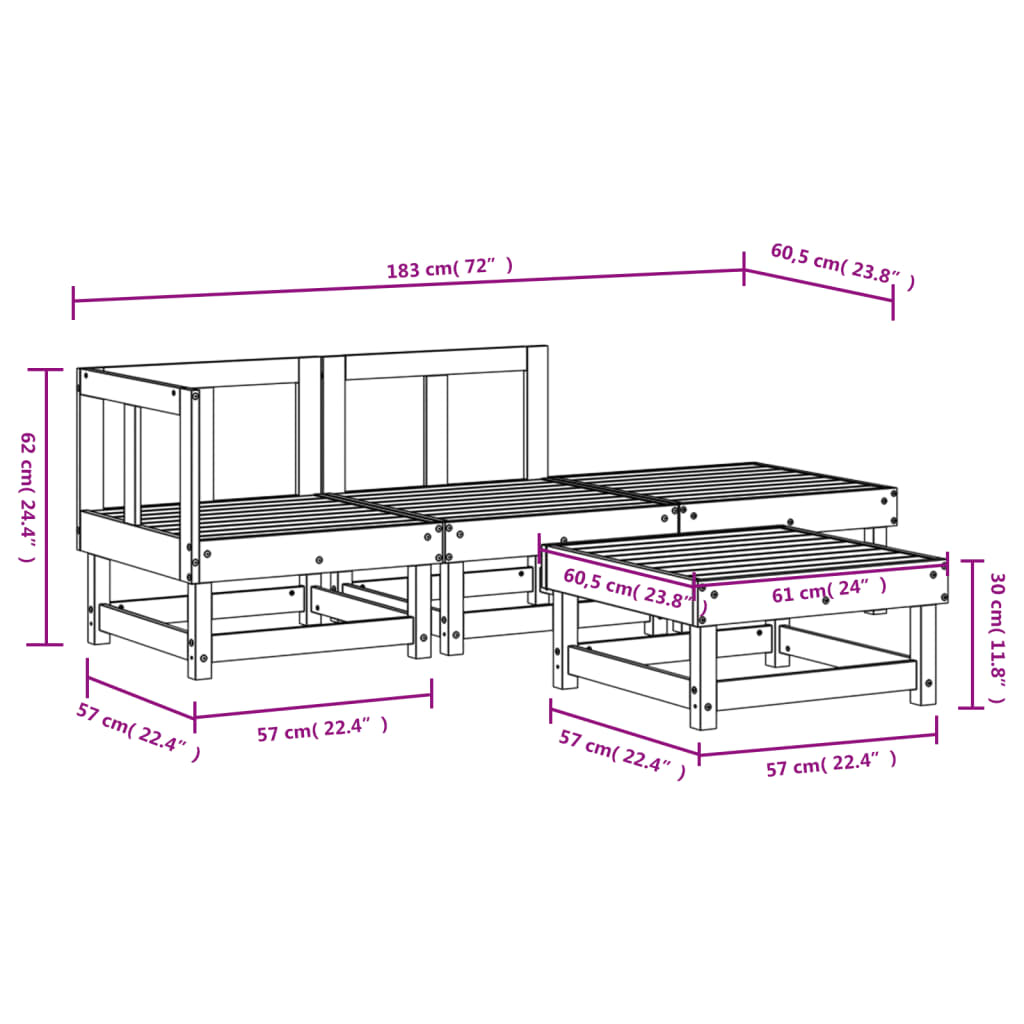 vidaXL Set mobilier relaxare de grădină, 4 piese, alb, lemn masiv pin