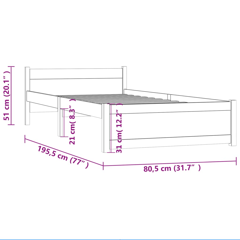 vidaXL Cadru de pat mic single, negru, 75x190 cm, lemn masiv