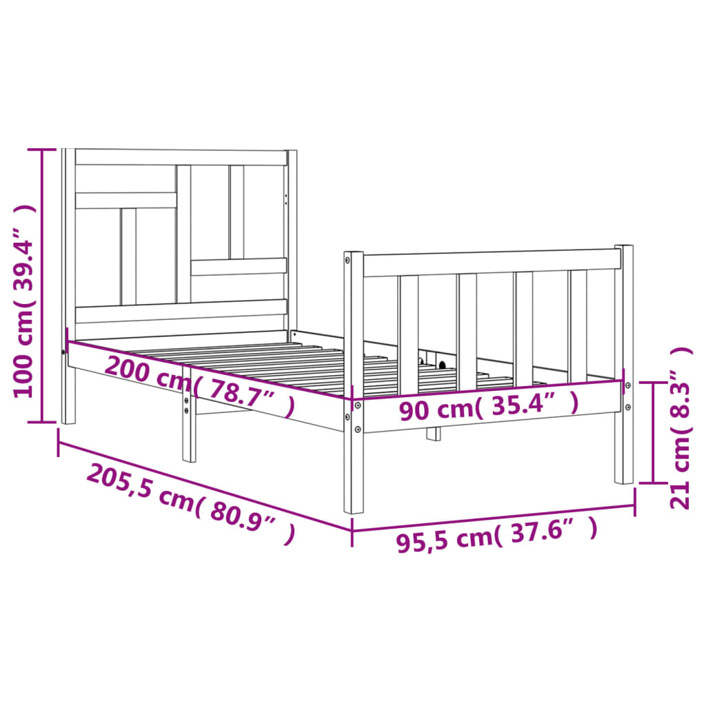 vidaXL Cadru de pat cu tăblie, 90x200 cm, lemn masiv