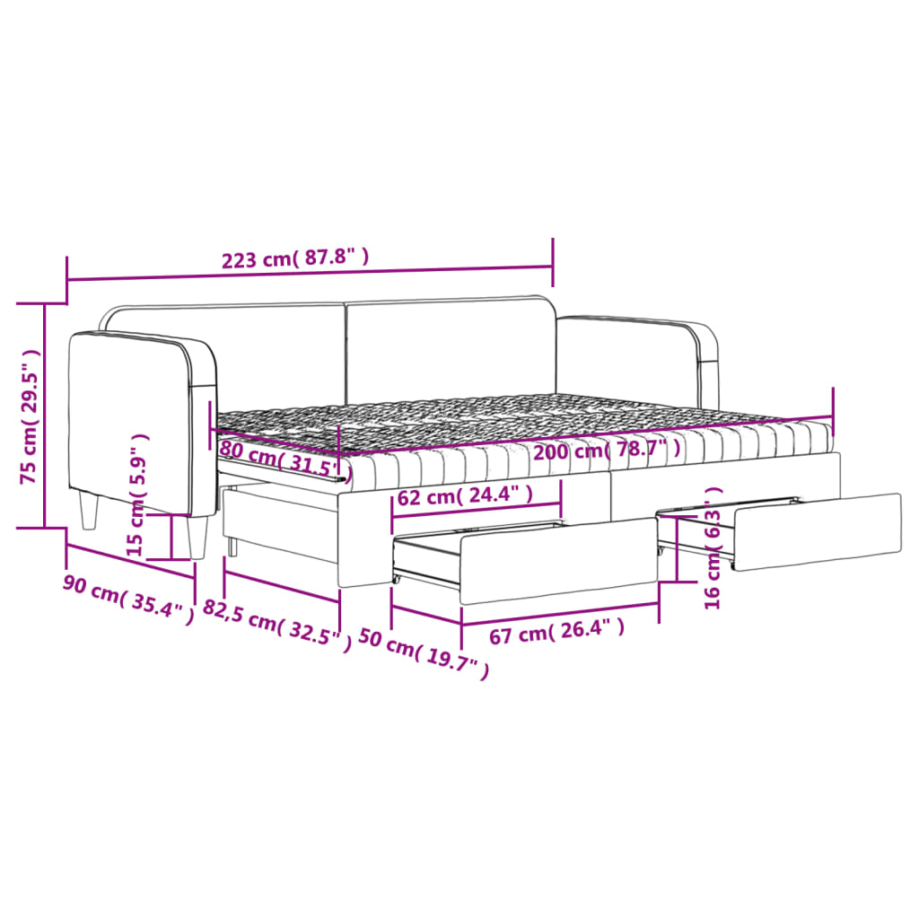 vidaXL Pat de zi cu extensie și sertare, gri taupe, 80x200 cm, textil