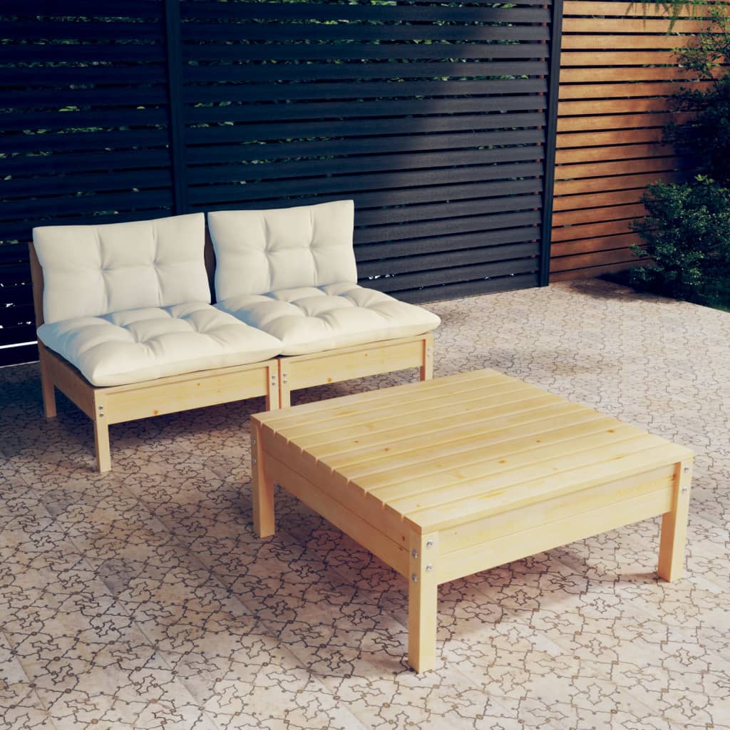 vidaXL Set mobilier grădină cu perne crem, 3 piese, lemn de pin