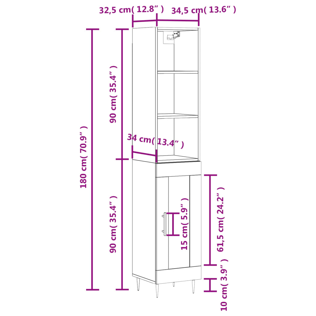 vidaXL Dulap înalt, stejar fumuriu, 34,5x34x180 cm, lemn prelucrat