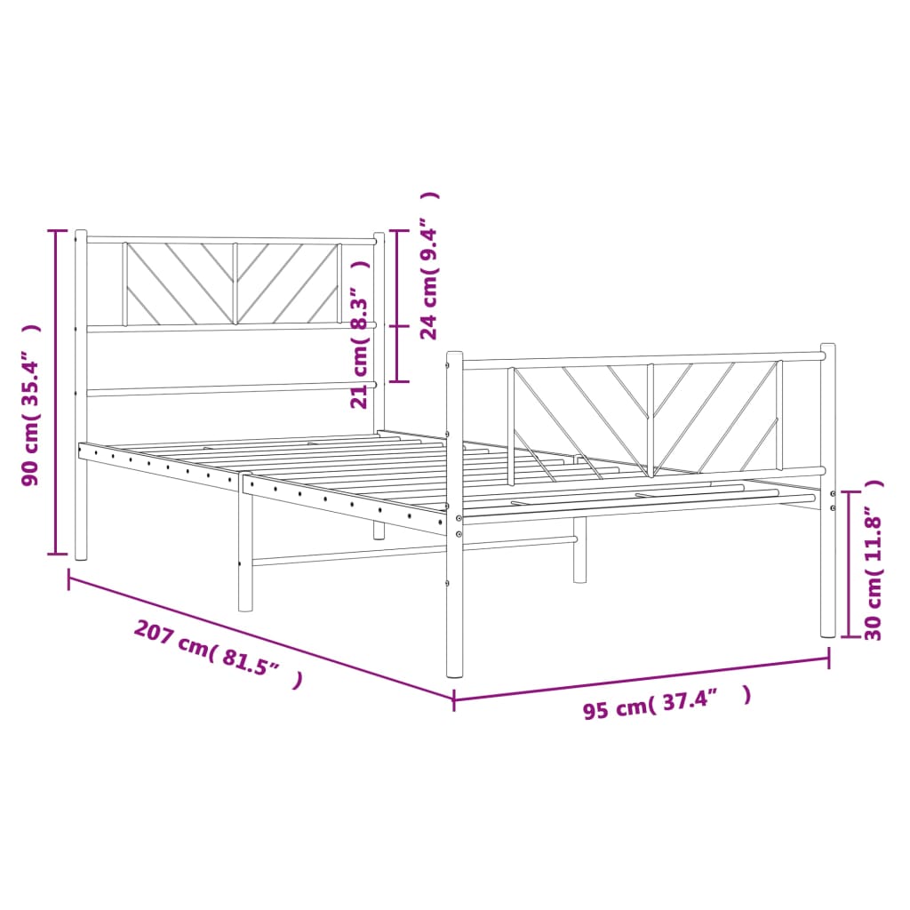 vidaXL Cadru de pat metalic cu tăblie de cap/picioare, alb, 90x200 cm