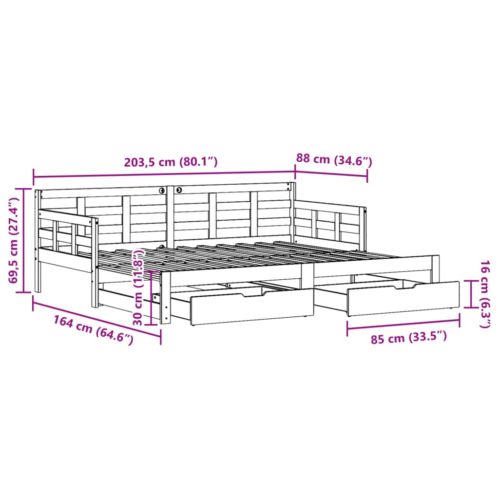 vidaXL Pat de zi cu extensie și sertare, 80x200 cm, lemn masiv de pin