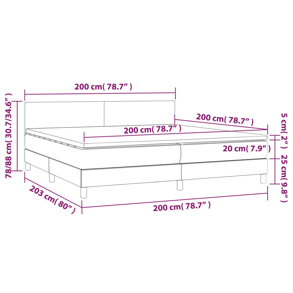 vidaXL Pat cu arcuri, saltea și LED, gri închis, 200x200 cm, catifea