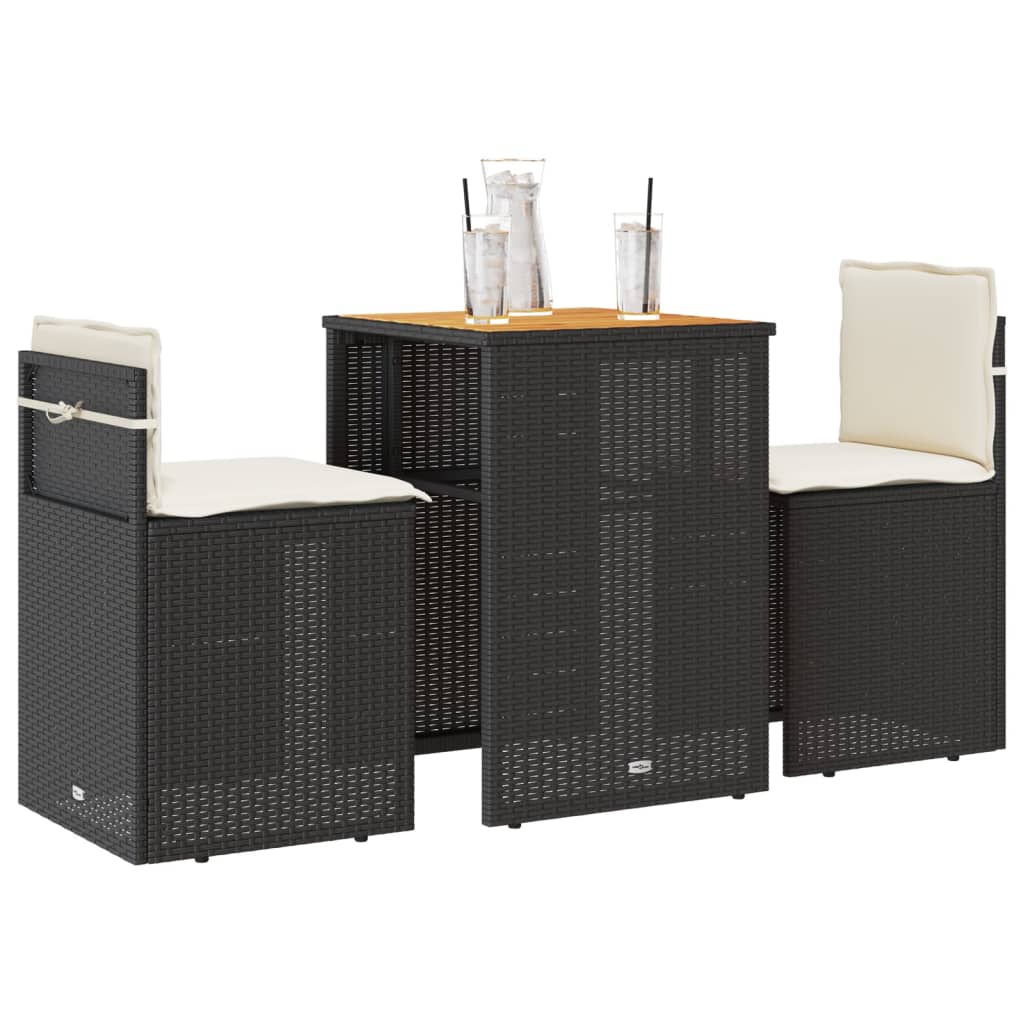 vidaXL Set bistro cu perne, 3 piese, negru, poliratan