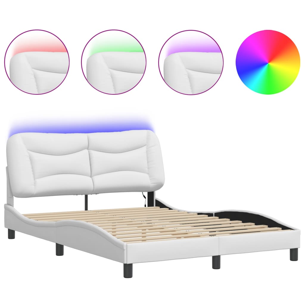 vidaXL Cadru de pat cu lumini LED, alb, 140x190 cm, piele ecologică