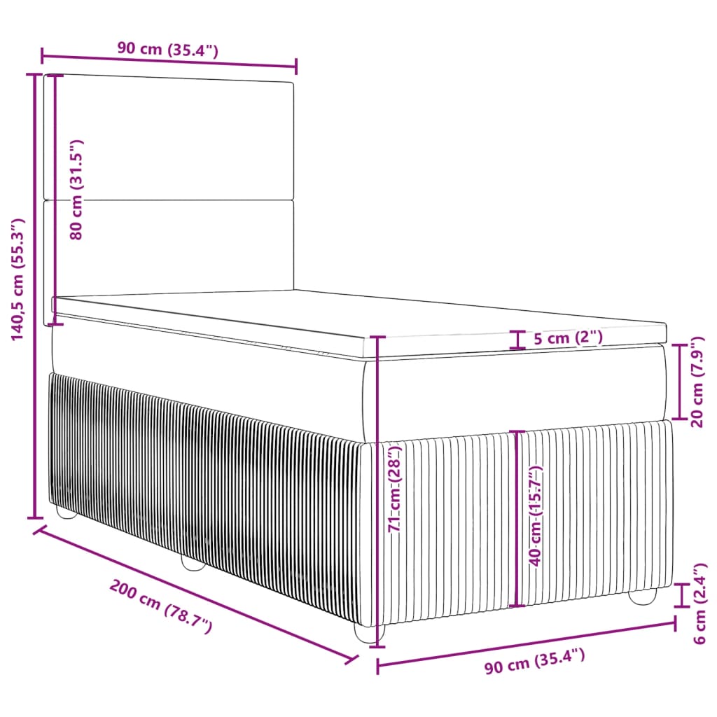 vidaXL Pat box spring cu saltea, gri deschis, 90x200 cm, catifea