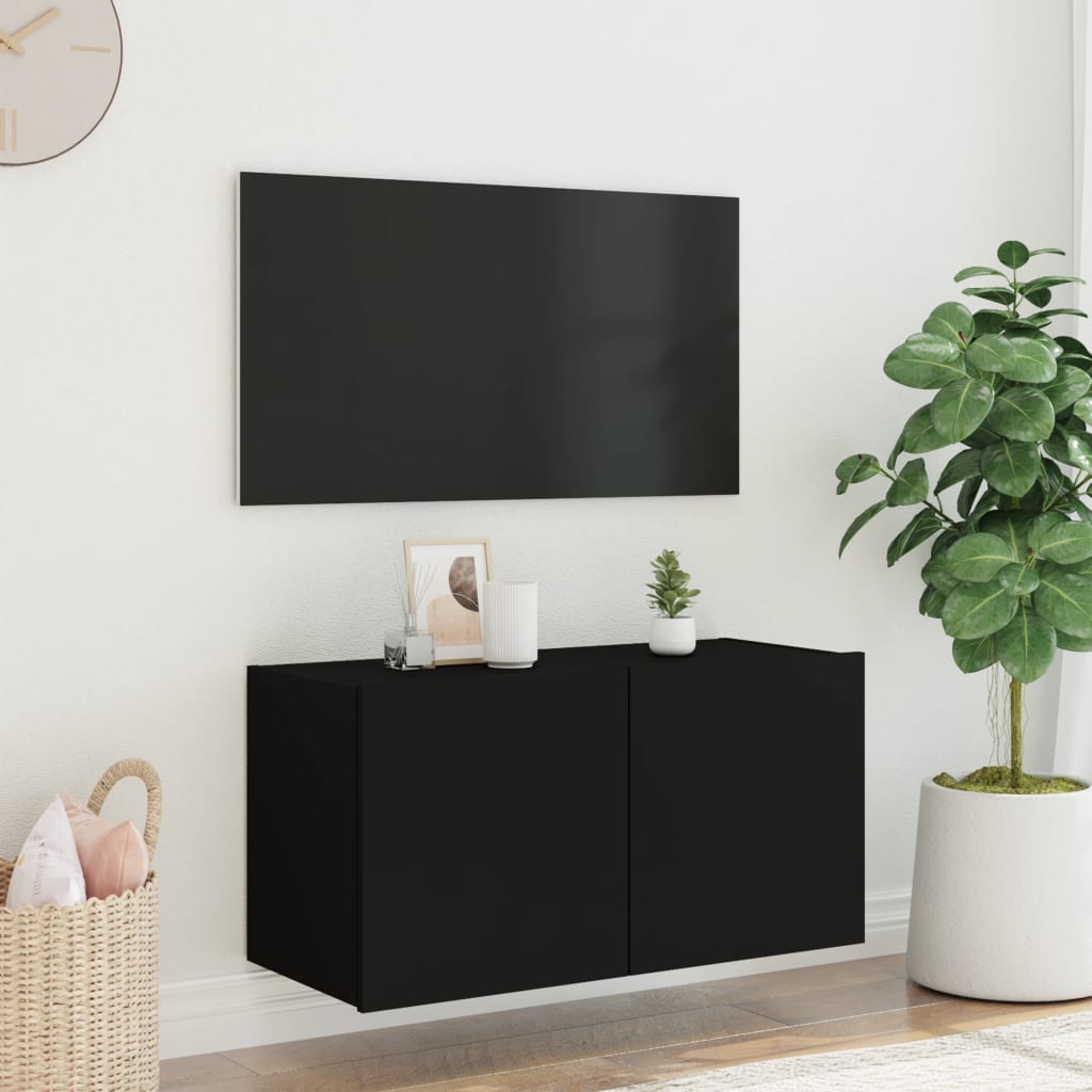 vidaXL Comodă TV de perete cu lumini LED, negru, 80x35x41 cm