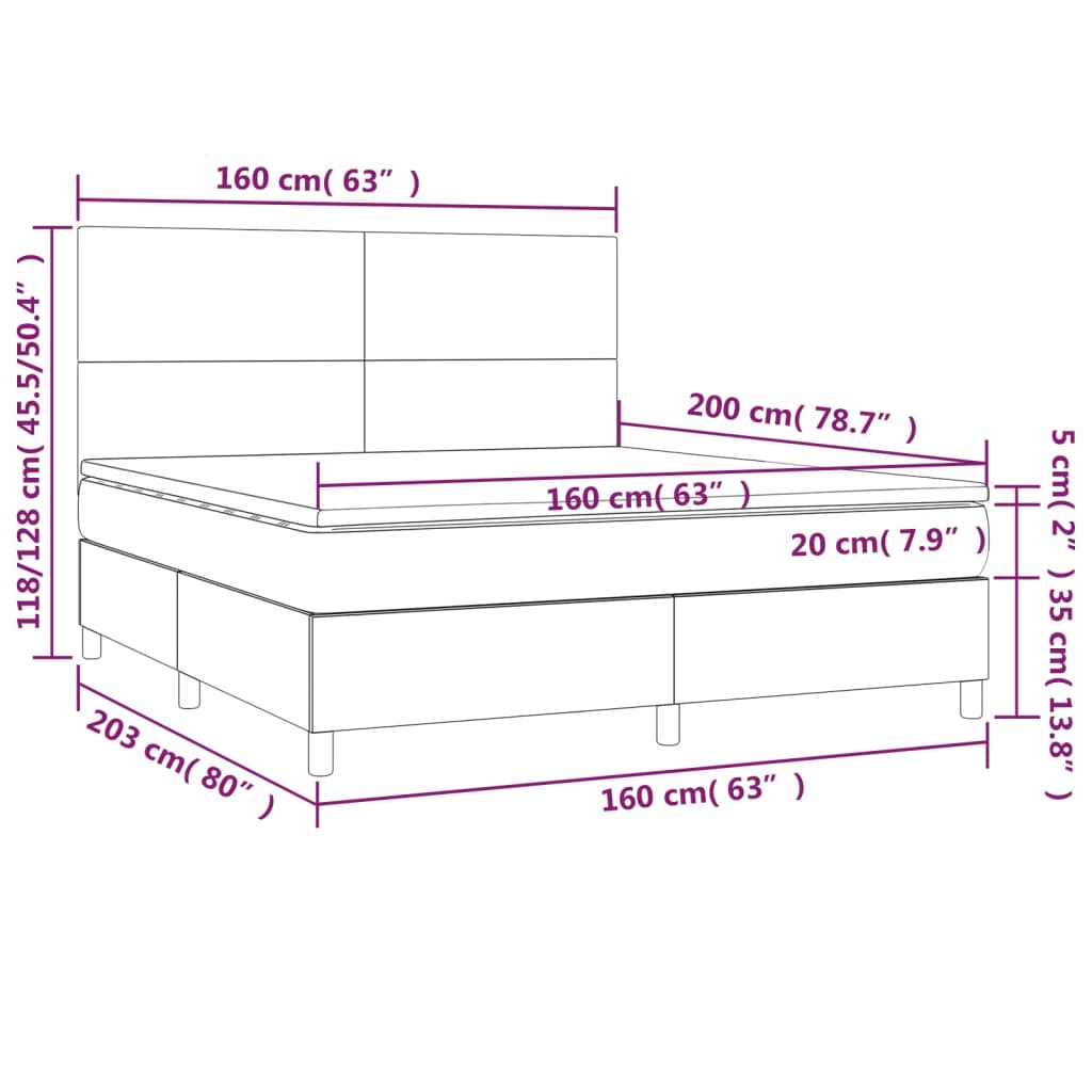 vidaXL Pat cu arcuri, saltea și LED, alb, 160x200 cm, piele ecologică