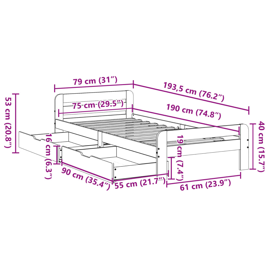 vidaXL Cadru de pat fără saltea, 75x190 cm, lemn masiv de pin